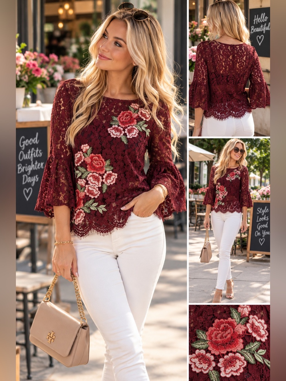 Karen Kane Burgundy Lace with Floral Embroidery Embellished Bell Sleeve Lace Top - Picture 1 of 16